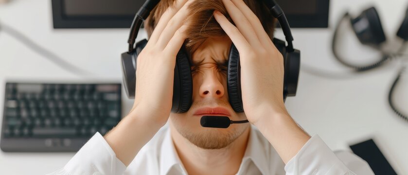 An overwhelmed customer service team handling a flood of complaints, in a busy call center, with copy space, high-resolution photo, hyper realistic