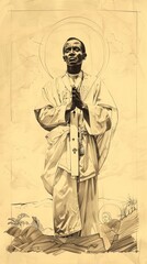 Fototapeta premium St. Charles Lwanga in Martyrdom in 19th-Century Uganda, Biblical Illustration, Beige Background, Copyspace , Biblical Illustration