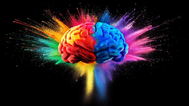 Brain Made of Colorful Powder Paint Exploding in Vibrant Rainbow Colors