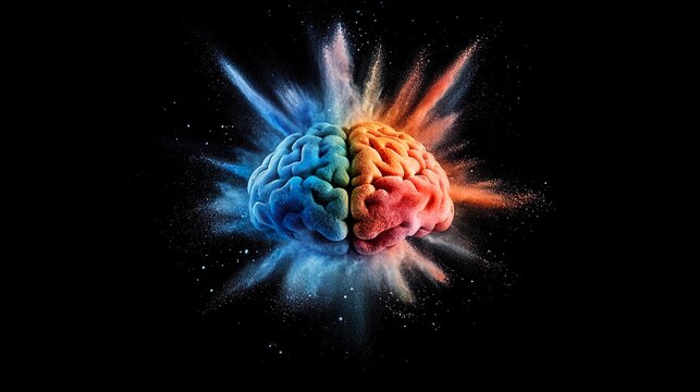 Colorful Brain Exploding in Vibrant Rainbow Colors with Powder Paint