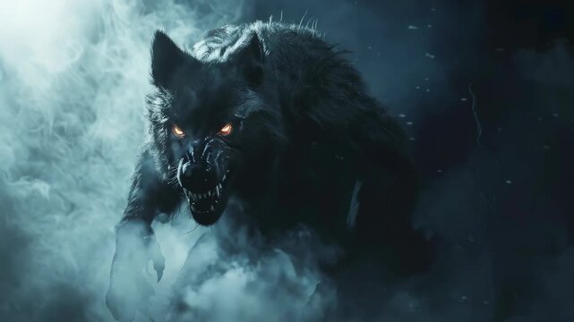 Werewolf in misty night background. Halloween celebration. Dark and eerie fantasy scene. Horror and supernatural creature concept. Banner, poster, advertisement