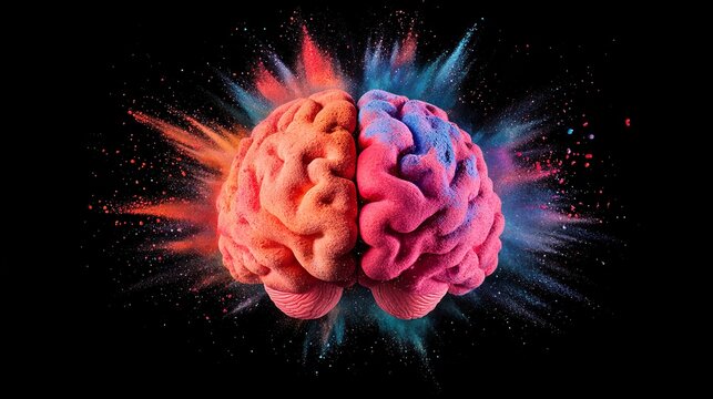 Exploding Brain in Vibrant Rainbow Colors Made of Colorful Powder Paint