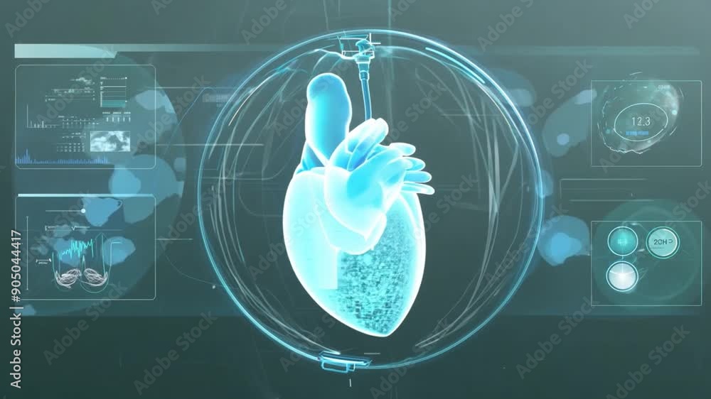 Poster a close-up view of a digital heart model showcasing health metrics and information alongside advance