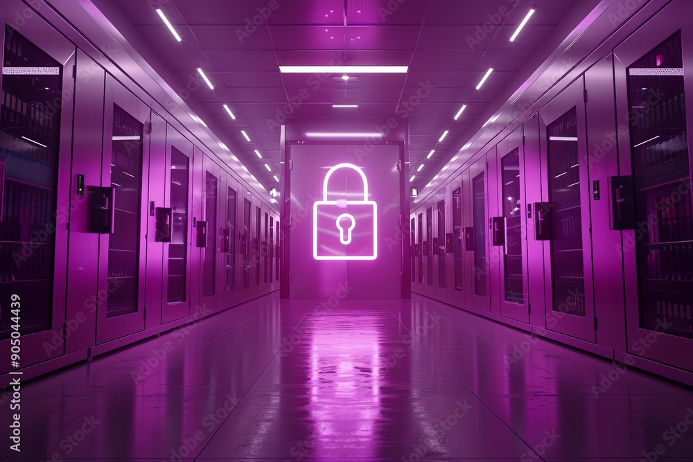 Poster purple neon digital lock in a futuristic hallway, emphasizing secure access in high-tech environment