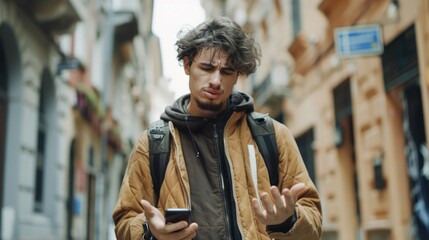 A man stands on a city street, focused on his cell phone