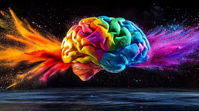 Creative Brain Exploding with Colorful Powder Paint in Vibrant Colors