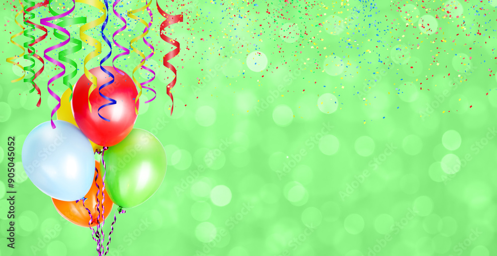 Poster Green blurred background with balloons and different colored confetti and streamers for party time. Empty space for text