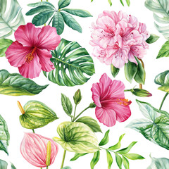 Hawaiian seamless pattern Tropical palm leaves, pink flowers exotic floral background, watercolor botanical illustration
