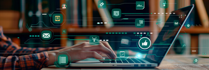 Engaging in Digital Communication While Using a Laptop in a Cozy Workspace Setting