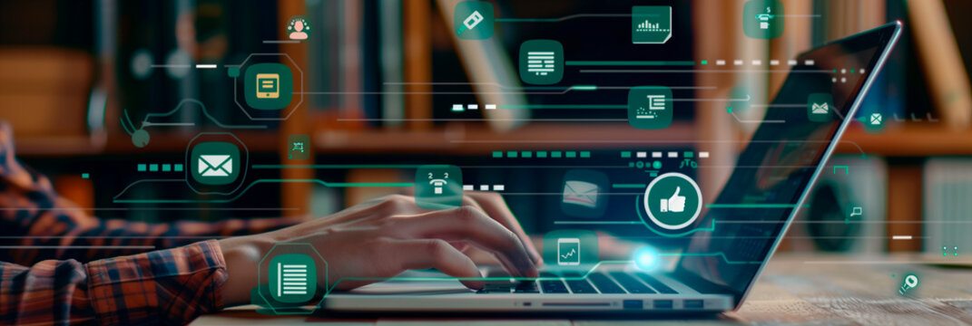 Engaging in Digital Communication While Using a Laptop in a Cozy Workspace Setting