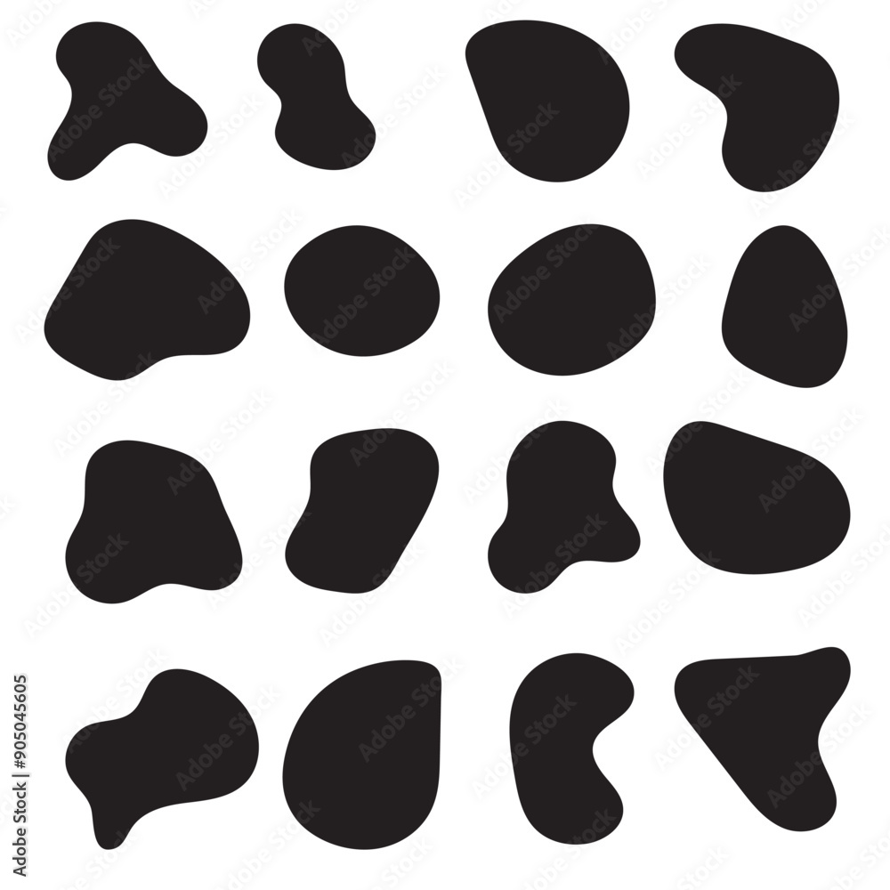 Poster abstract organic shapes set. irregular liquid forms collection. black amoeba blobs, blotches, drops 