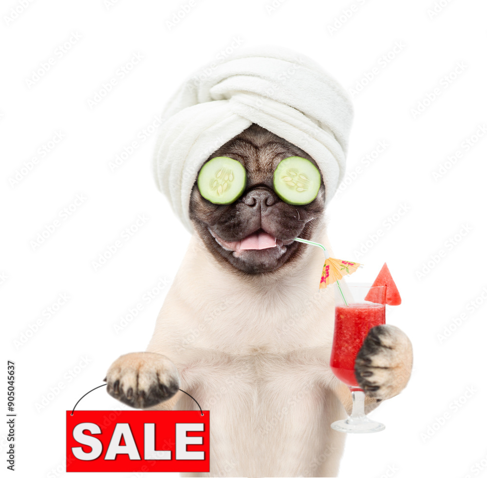 Aufkleber funny mastiff puppy with towel on his head and with cream on his face and a pieces of cucumber on hi