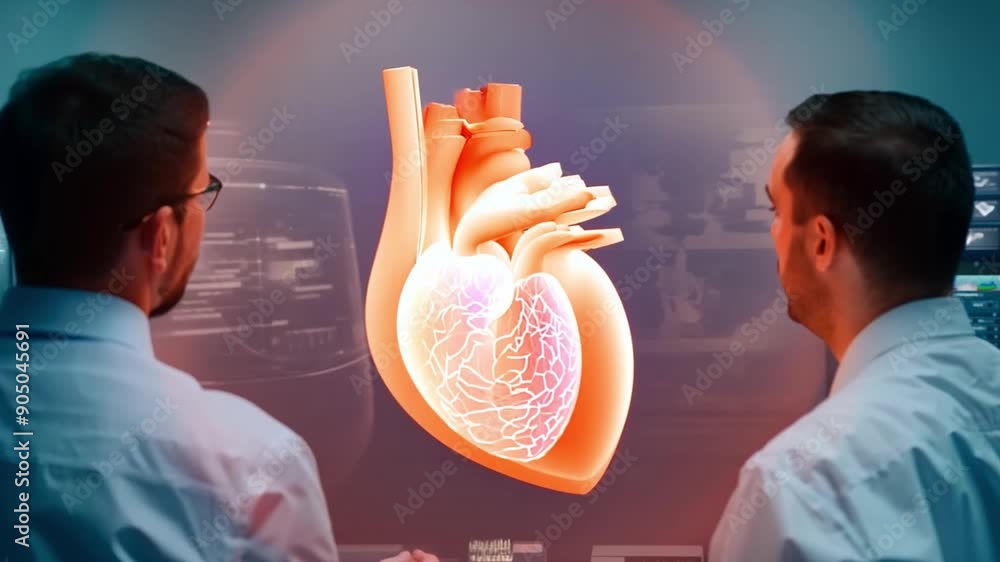 Poster two medical professionals observe a digital heart model while analyzing data in a high-tech medical 
