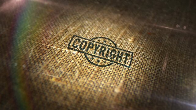 Copyright sign stamp on natural linen sack. Trademark intellectual property rights 3D  design abstract concept. Looped and seamless animation.