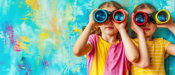 Two children looking through binoculars against a colorful background, capturing curiosity and adventure in a playful setting.