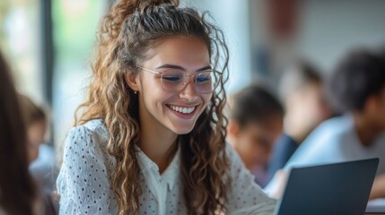 Young woman student in the classroom sitting at a desk, smiling as she looks at her laptop screen.