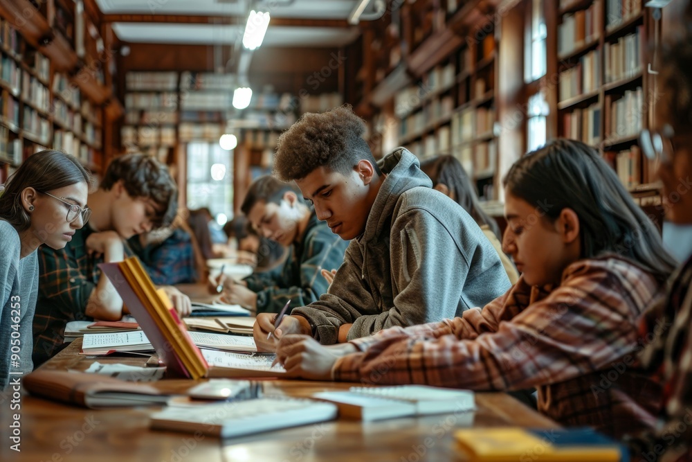 Poster group of students focused on studying with books and laptops in a library setting, group of students