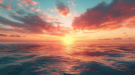 Fototapeta premium Blazing Ocean Sunset: A fiery sky ignites the vast ocean in a breathtaking display of nature's artistry. 