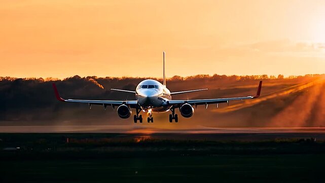 Airplane taking off. A modern airliner takes off against the backdrop of the evening sky. 1280x720 footage.