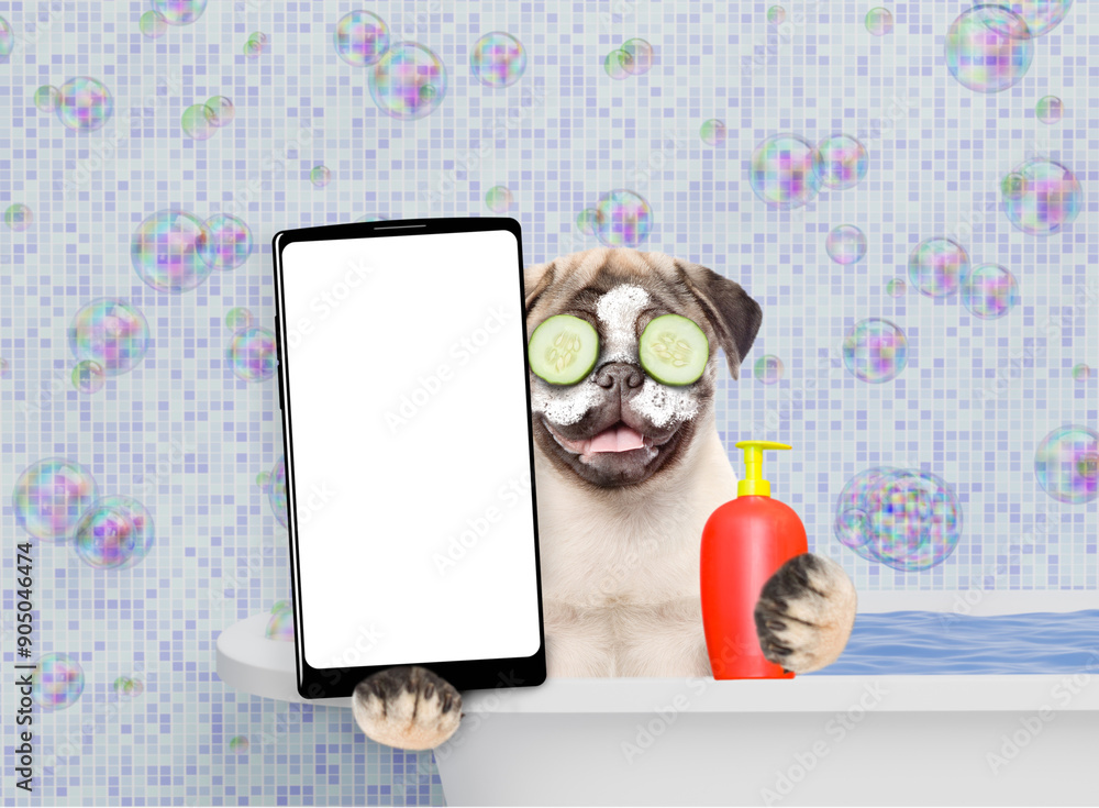 Aufkleber Happy Pug puppy with cream on it face and with slices of cucumber in it eyes takes the bath and shows big smartphone with white blank screen in it paw. Empty space for text