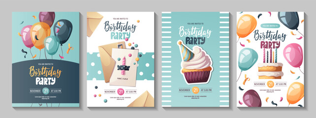 Birthday invitation set with cakes, cupcake, and balloons. Birthday party, celebration, congratulations, invitation concept. Vector illustration.