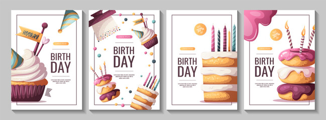 Birthday flyers with cakes, cupcake, birthday donuts.  Birthday party, celebration, congratulations, invitation concept. Vector illustration.