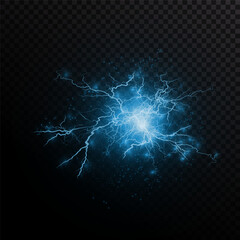 Lightning flash light thunder sparks on a transparent background. Fire and ice fractal lightning, plasma power background vector illustration	
