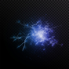 Obraz premium Lightning flash light thunder sparks on a transparent background.Fire and ice fractal lightning, plasma power backgroundvector illustration. Lightning PNG. 