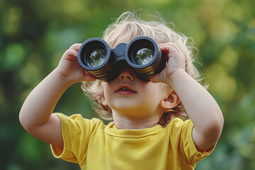 little child looking through binoculars, young explorer