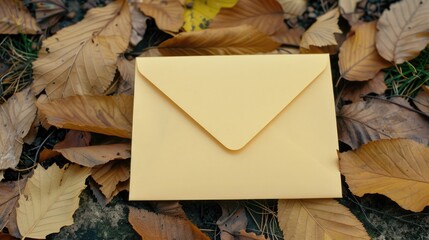 Yellow Envelope Resting on Autumn Leaves in a Serene Outdoor Setting