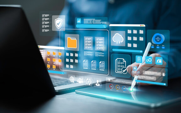 Document management digital file information storage of business. Businessman using a computer to online documentation technology database, ERP system, checklist security, file access, doc sharing.