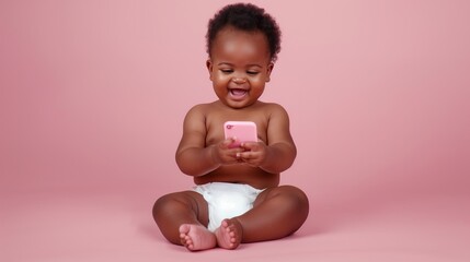 Cute little baby girl wearing diaper and playing with smart phone in studio, Kids and screen time