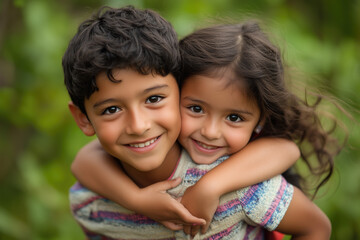 portrait of  siblings piggyback