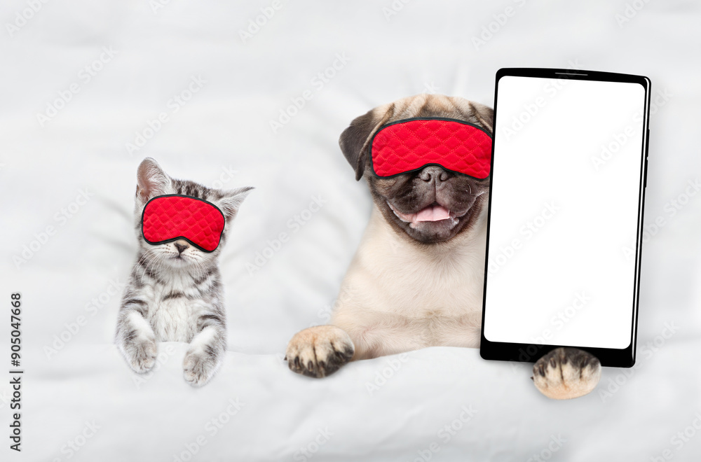Aufkleber Pug puppy and tiny kitten wearing sleeping masks sleep together on a bed at home. Pug puppy  shows big smartphone with blank screen. Top down view. Empty space for text