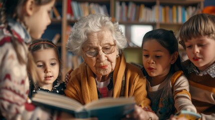 Obraz premium Elderly woman reading to children in a cozy library 
