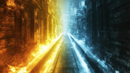 Dramatic Pathway Divided by Fiery Orange and Icy Blue Elements in Futuristic Urban Setting - High-Resolution Concept Art for Sci-Fi and Fantasy Themes