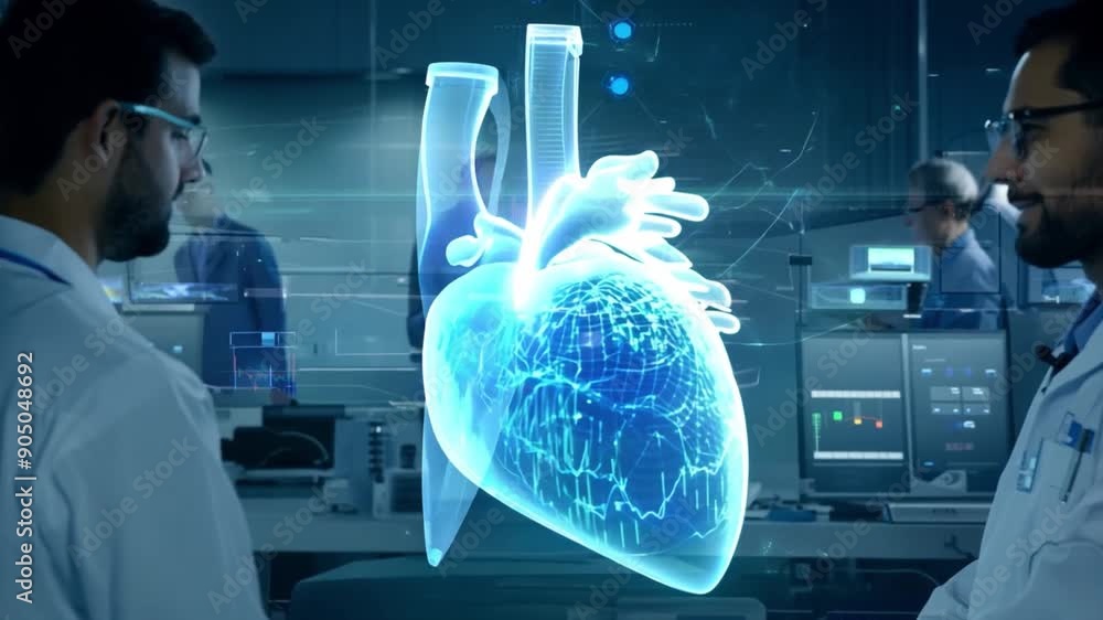 Poster two scientists analyze a 3d hologram of a human heart while collaborating on research in a high-tech