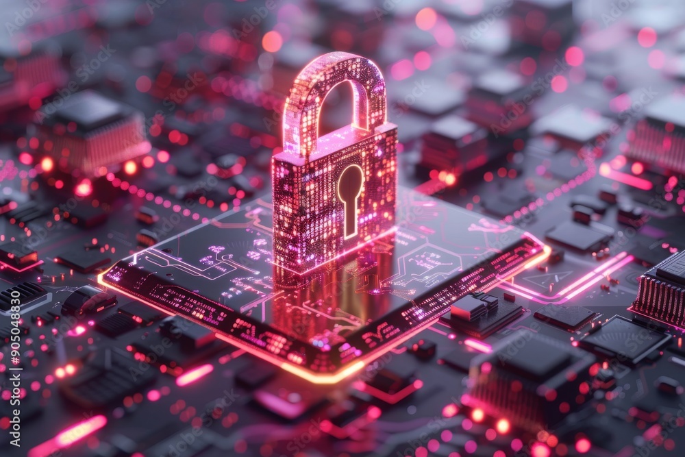 Poster illuminated digital padlock on a circuit board, symbolizing advanced cybersecurity in a technology-r