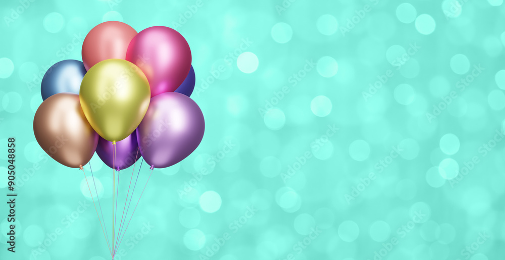 Aufkleber Bunch of shiny colorful balloons on blurred aquamarine or green background. Empty space for text. 3d rendering