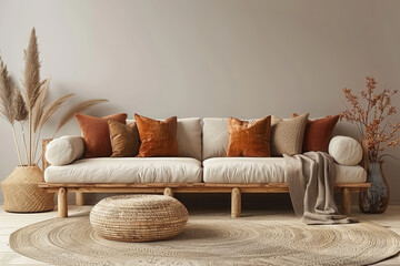 Beige sofa with brown and orange pillows against wall mockup in boho living room interior, round jute rug, pampas grass vases and beige carpet. Minimalist home decor design.
