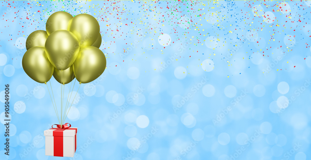 Aufkleber Flying gift box with yellow or golden balloons on blurred green background with confetti. Empty space for text. 3d rendering