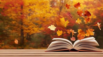 An Open Book Surrounded by Colorful Autumn Leaves in a Park