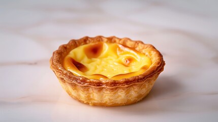 Close-up of an egg tart with a golden crust on a marble surface.