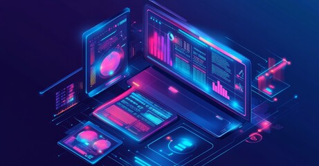 A digital illustration of an isometric view of the web design process, with laptop and mobile device displaying data visualization charts on screen.
