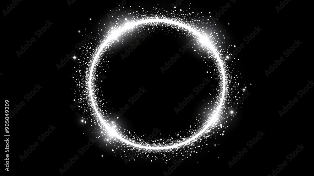 Poster contains a white light glow circle modern ring with glitter and bokeh effect, a magic round swirl fr
