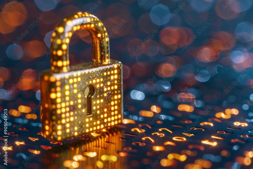 Poster golden padlock on a circuit board amidst glittering lights, representing data security in the digita