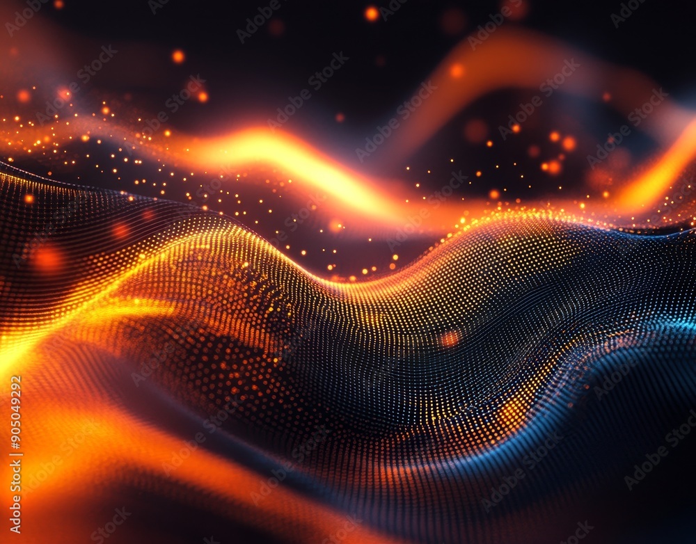Poster magic poly particles flowing in vibrant multicolor, with golden particle effects and bokeh effects