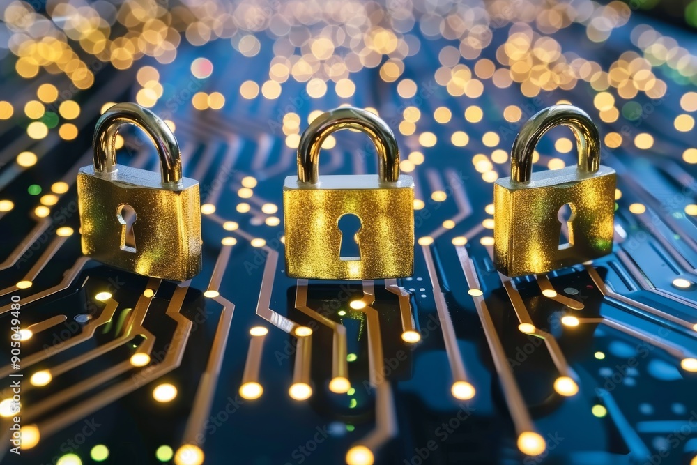 Poster trio of padlocks on a golden circuit board, emphasizing robust security measures in technology syste