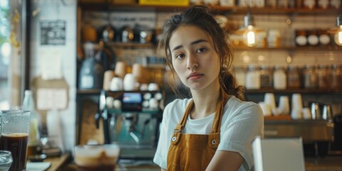 A woman stands at the counter in a cozy coffee shop, ready to order