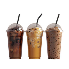 Set of cold coffee drinks including ice coffee, caramel latte, and black Americano in plastic cups with lids and straws isolated on transparent background. © Sona